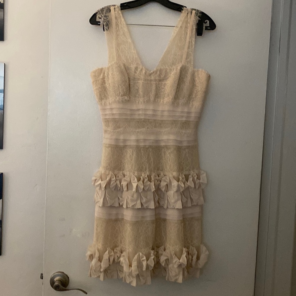 Form fitting, classy dress, never worn, beige nude formal short dress, size 6